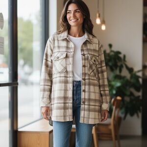 Knox Rose Womens M Oversized Shacket Jacket Brown Multi Plaid Brushed Flannel